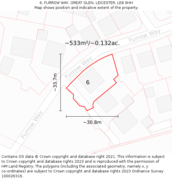 6, FURROW WAY, GREAT GLEN, LEICESTER, LE8 9HH: Plot and title map