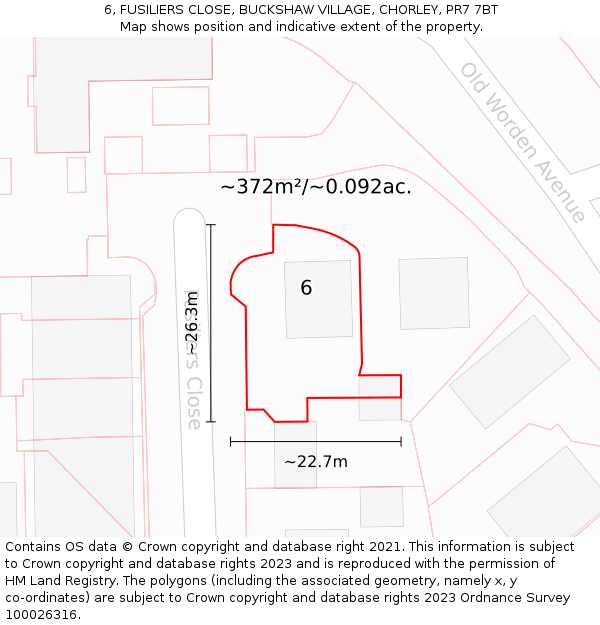 6, FUSILIERS CLOSE, BUCKSHAW VILLAGE, CHORLEY, PR7 7BT: Plot and title map