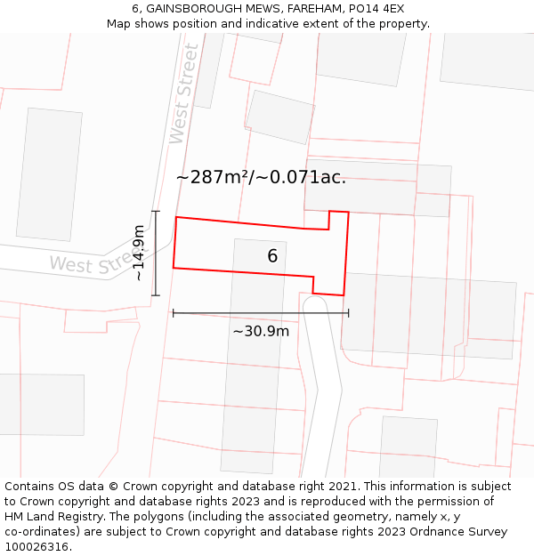 6, GAINSBOROUGH MEWS, FAREHAM, PO14 4EX: Plot and title map