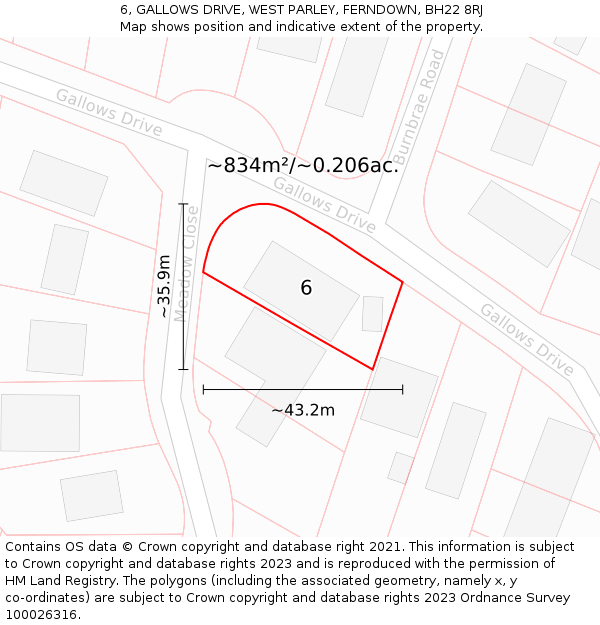 6, GALLOWS DRIVE, WEST PARLEY, FERNDOWN, BH22 8RJ: Plot and title map
