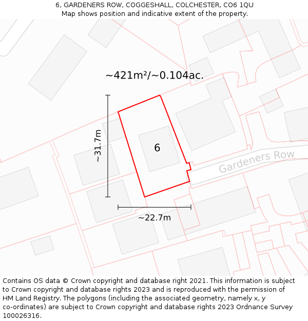6, GARDENERS ROW, COGGESHALL, COLCHESTER, CO6 1QU: Plot and title map