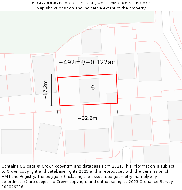 6, GLADDING ROAD, CHESHUNT, WALTHAM CROSS, EN7 6XB: Plot and title map