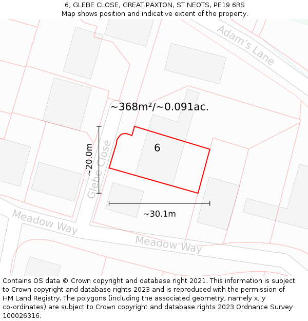 6, GLEBE CLOSE, GREAT PAXTON, ST NEOTS, PE19 6RS: Plot and title map