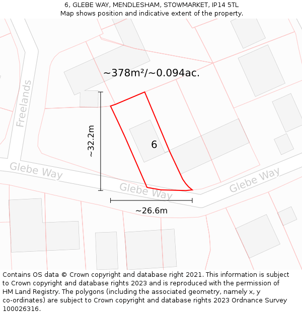 6, GLEBE WAY, MENDLESHAM, STOWMARKET, IP14 5TL: Plot and title map