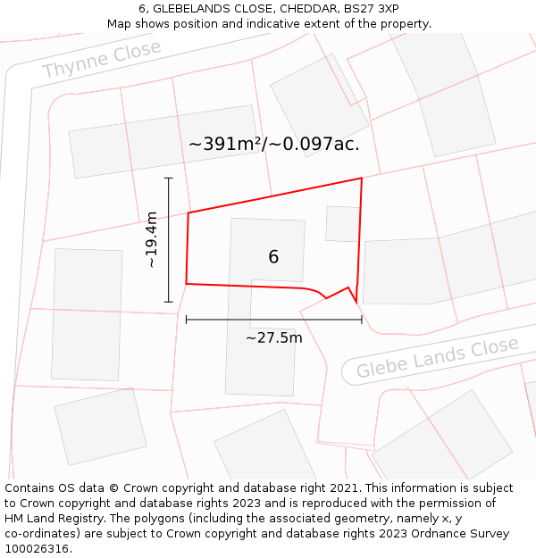 6, GLEBELANDS CLOSE, CHEDDAR, BS27 3XP: Plot and title map