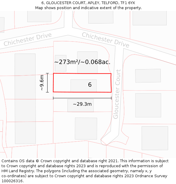 6, GLOUCESTER COURT, APLEY, TELFORD, TF1 6YX: Plot and title map