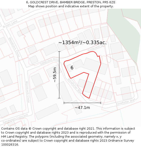 6, GOLDCREST DRIVE, BAMBER BRIDGE, PRESTON, PR5 6ZE: Plot and title map
