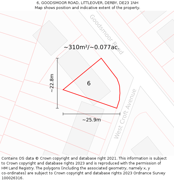 6, GOODSMOOR ROAD, LITTLEOVER, DERBY, DE23 1NH: Plot and title map