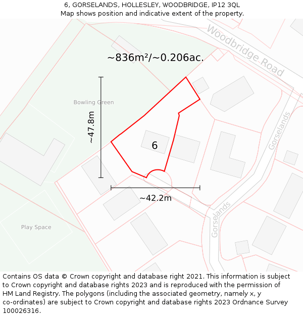 6, GORSELANDS, HOLLESLEY, WOODBRIDGE, IP12 3QL: Plot and title map
