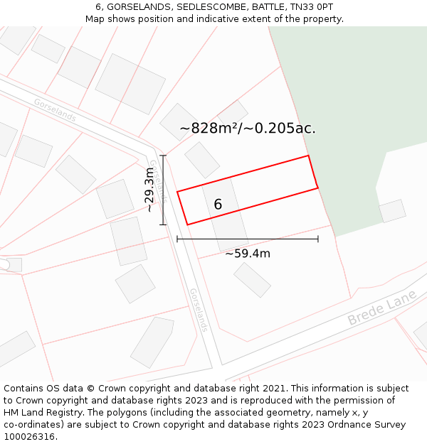 6, GORSELANDS, SEDLESCOMBE, BATTLE, TN33 0PT: Plot and title map