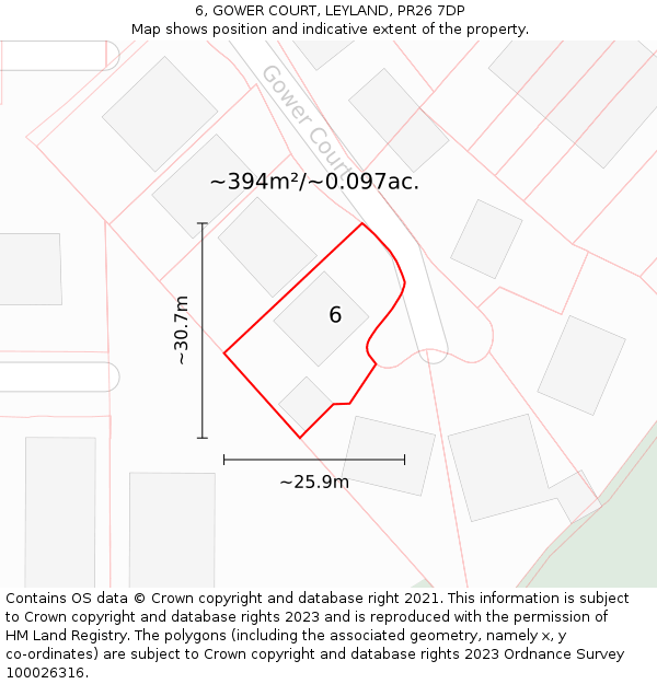 6, GOWER COURT, LEYLAND, PR26 7DP: Plot and title map