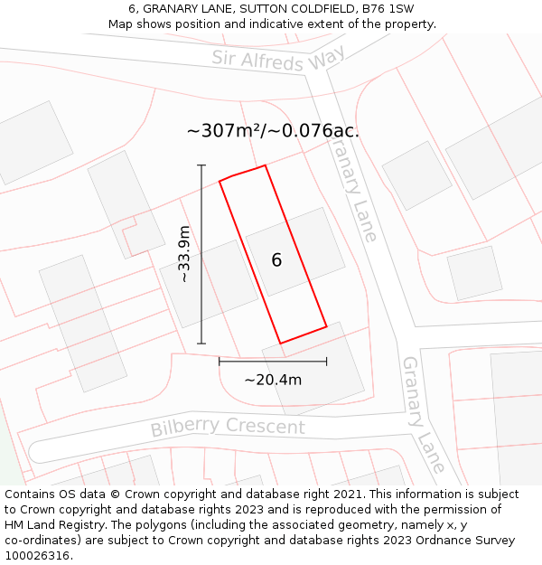 6, GRANARY LANE, SUTTON COLDFIELD, B76 1SW: Plot and title map