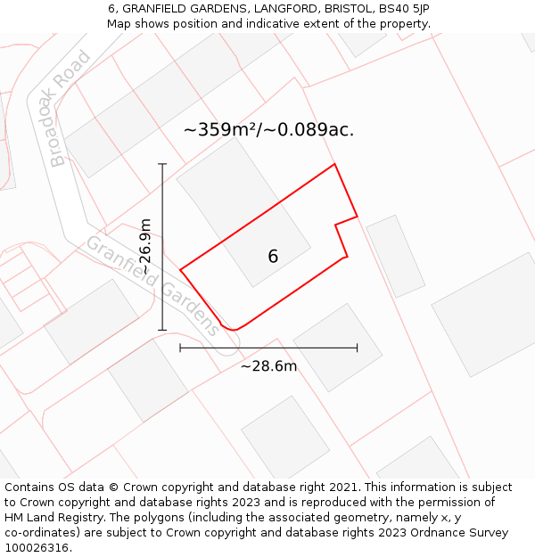 6, GRANFIELD GARDENS, LANGFORD, BRISTOL, BS40 5JP: Plot and title map