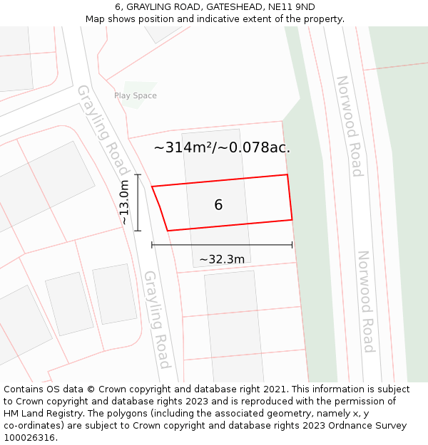 6, GRAYLING ROAD, GATESHEAD, NE11 9ND: Plot and title map