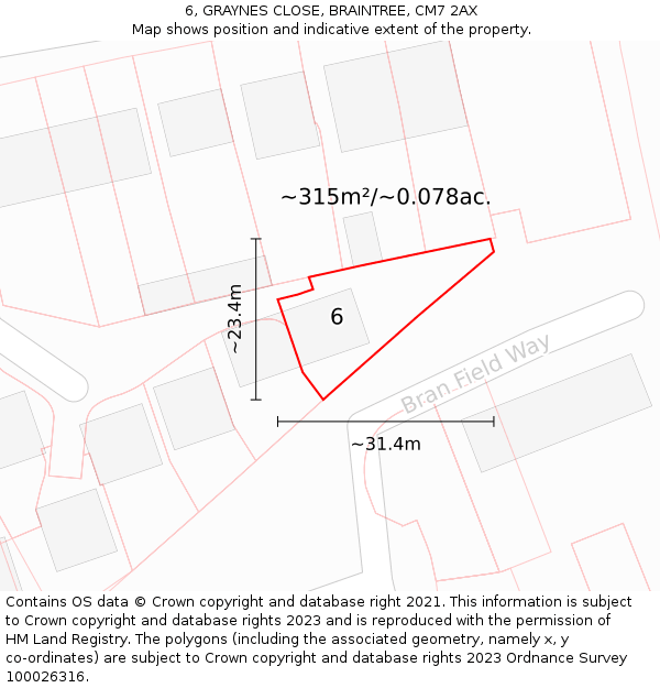 6, GRAYNES CLOSE, BRAINTREE, CM7 2AX: Plot and title map