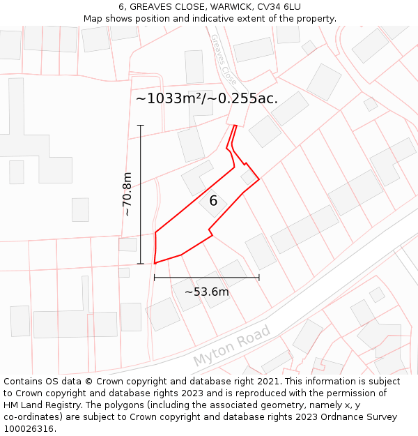 6, GREAVES CLOSE, WARWICK, CV34 6LU: Plot and title map