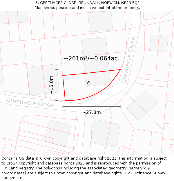 6, GREENACRE CLOSE, BRUNDALL, NORWICH, NR13 5QF: Plot and title map