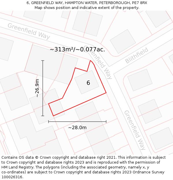 6, GREENFIELD WAY, HAMPTON WATER, PETERBOROUGH, PE7 8RX: Plot and title map