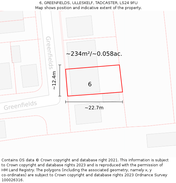 6, GREENFIELDS, ULLESKELF, TADCASTER, LS24 9FU: Plot and title map