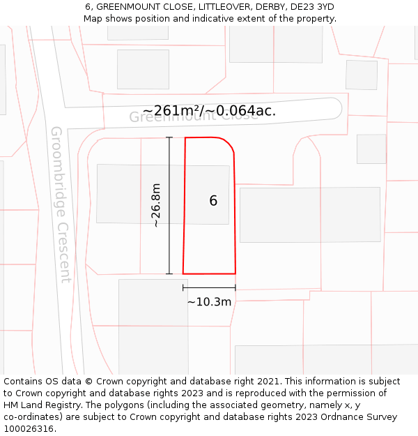 6, GREENMOUNT CLOSE, LITTLEOVER, DERBY, DE23 3YD: Plot and title map