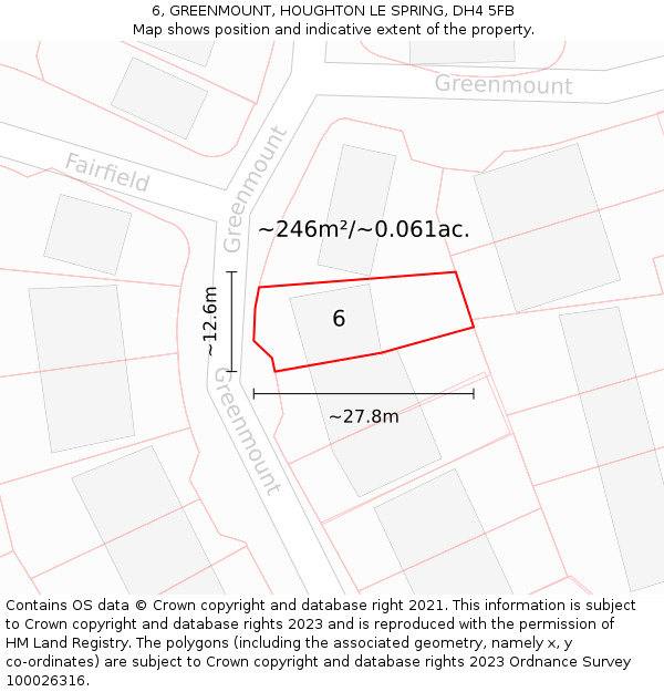 6, GREENMOUNT, HOUGHTON LE SPRING, DH4 5FB: Plot and title map