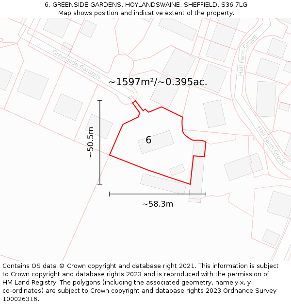 6, GREENSIDE GARDENS, HOYLANDSWAINE, SHEFFIELD, S36 7LG: Plot and title map