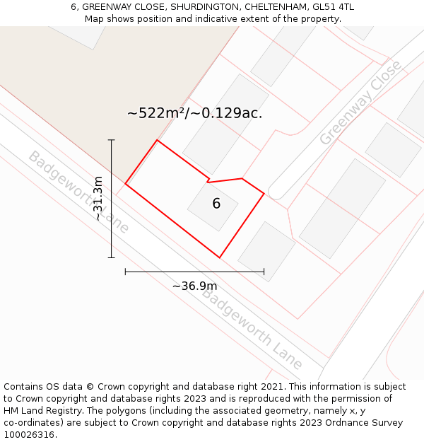 6, GREENWAY CLOSE, SHURDINGTON, CHELTENHAM, GL51 4TL: Plot and title map