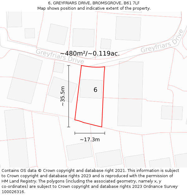 6, GREYFRIARS DRIVE, BROMSGROVE, B61 7LF: Plot and title map