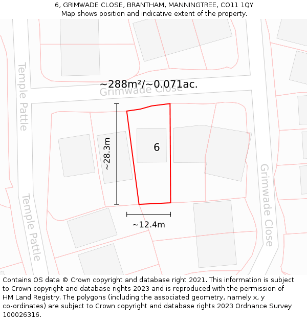 6, GRIMWADE CLOSE, BRANTHAM, MANNINGTREE, CO11 1QY: Plot and title map