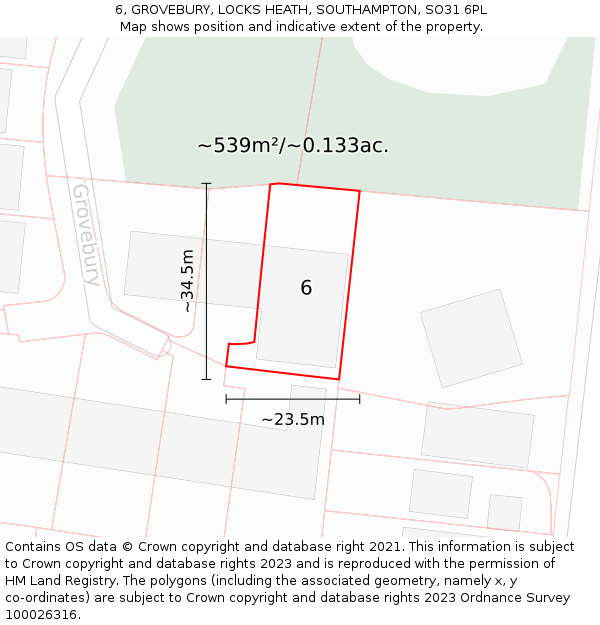 6, GROVEBURY, LOCKS HEATH, SOUTHAMPTON, SO31 6PL: Plot and title map