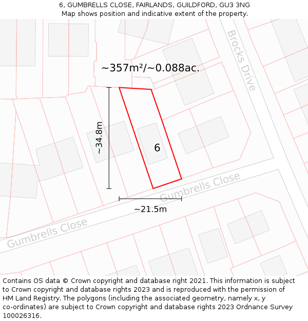 6, GUMBRELLS CLOSE, FAIRLANDS, GUILDFORD, GU3 3NG: Plot and title map
