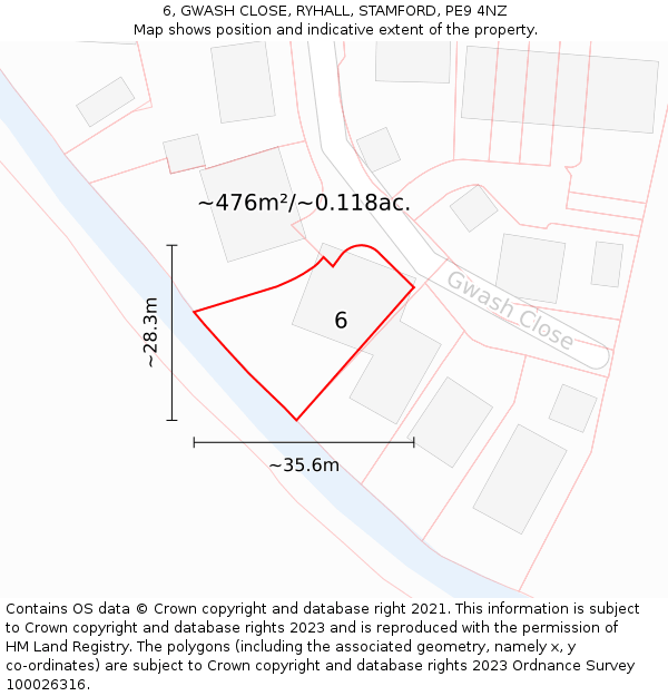 6, GWASH CLOSE, RYHALL, STAMFORD, PE9 4NZ: Plot and title map