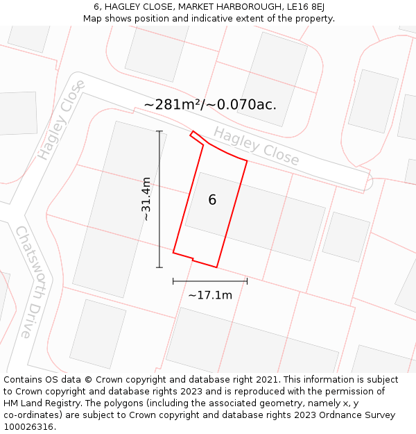 6, HAGLEY CLOSE, MARKET HARBOROUGH, LE16 8EJ: Plot and title map