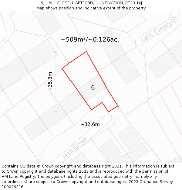6, HALL CLOSE, HARTFORD, HUNTINGDON, PE29 1XJ: Plot and title map