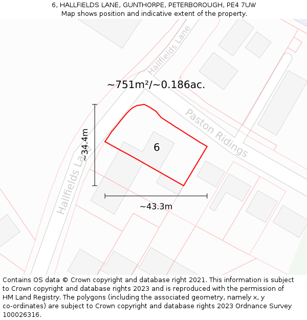 6, HALLFIELDS LANE, GUNTHORPE, PETERBOROUGH, PE4 7UW: Plot and title map