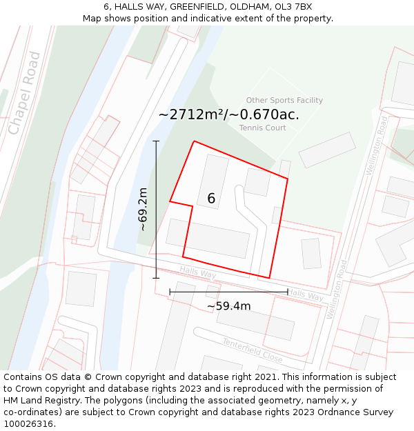 6, HALLS WAY, GREENFIELD, OLDHAM, OL3 7BX: Plot and title map