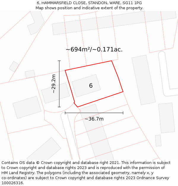 6, HAMMARSFIELD CLOSE, STANDON, WARE, SG11 1PG: Plot and title map