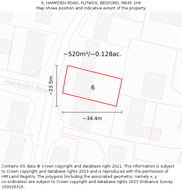 6, HAMPDEN ROAD, FLITWICK, BEDFORD, MK45 1HX: Plot and title map