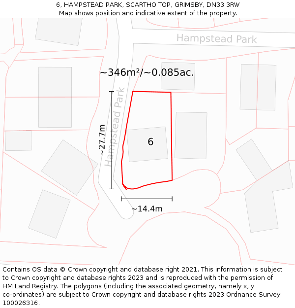 6, HAMPSTEAD PARK, SCARTHO TOP, GRIMSBY, DN33 3RW: Plot and title map