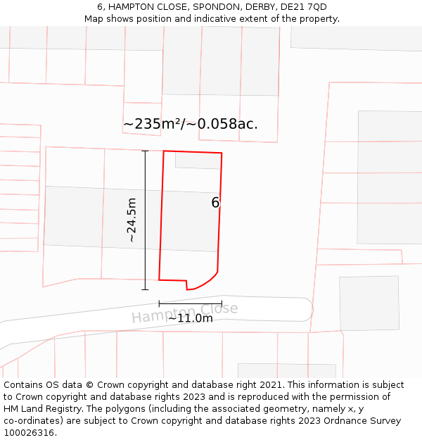 6, HAMPTON CLOSE, SPONDON, DERBY, DE21 7QD: Plot and title map