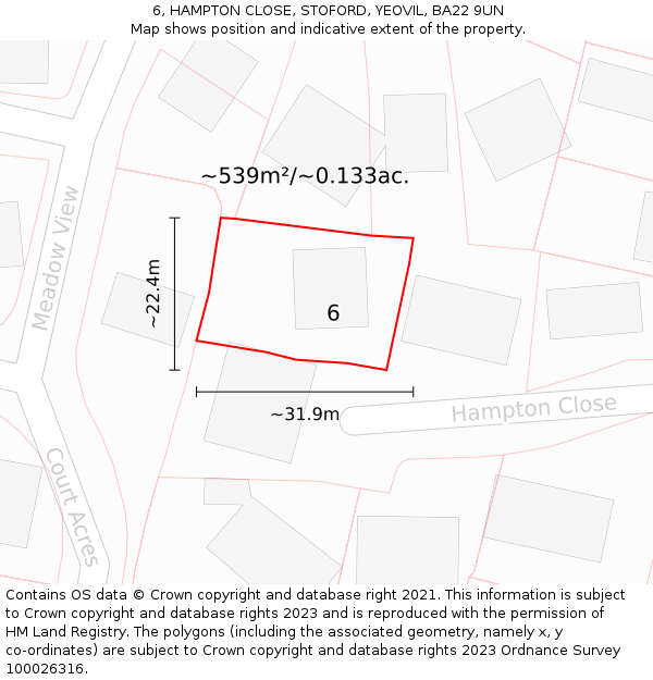6, HAMPTON CLOSE, STOFORD, YEOVIL, BA22 9UN: Plot and title map