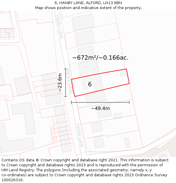 6, HANBY LANE, ALFORD, LN13 9BN: Plot and title map