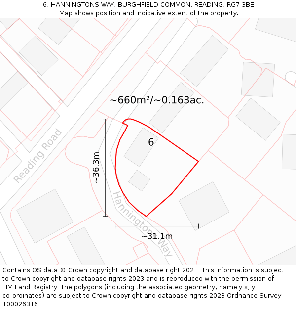 6, HANNINGTONS WAY, BURGHFIELD COMMON, READING, RG7 3BE: Plot and title map