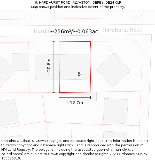6, HARDHURST ROAD, ALVASTON, DERBY, DE24 0LF: Plot and title map