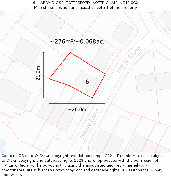 6, HARDY CLOSE, BOTTESFORD, NOTTINGHAM, NG13 0GX: Plot and title map