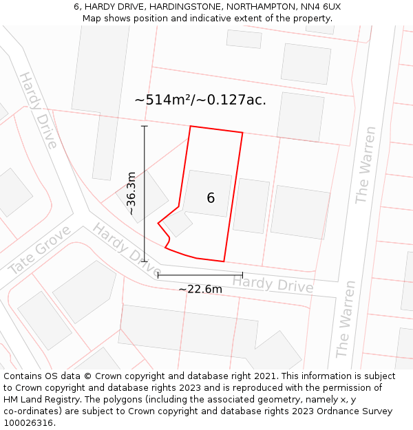 6, HARDY DRIVE, HARDINGSTONE, NORTHAMPTON, NN4 6UX: Plot and title map