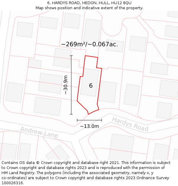 6, HARDYS ROAD, HEDON, HULL, HU12 8QU: Plot and title map