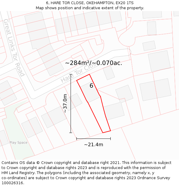6, HARE TOR CLOSE, OKEHAMPTON, EX20 1TS: Plot and title map