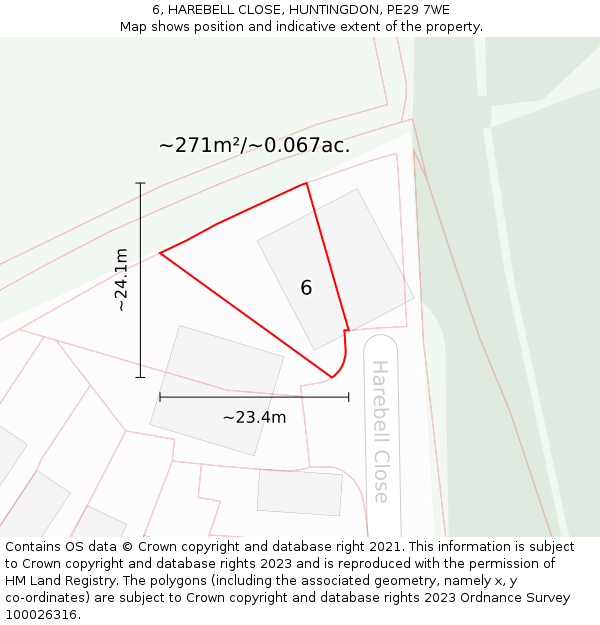 6, HAREBELL CLOSE, HUNTINGDON, PE29 7WE: Plot and title map