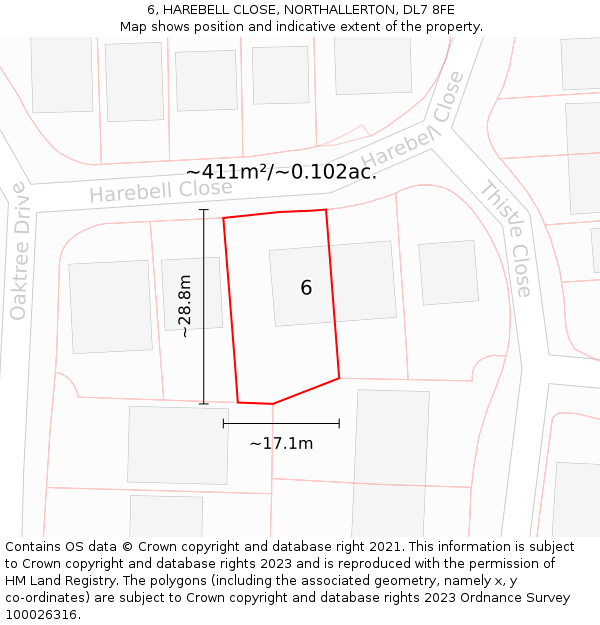 6, HAREBELL CLOSE, NORTHALLERTON, DL7 8FE: Plot and title map